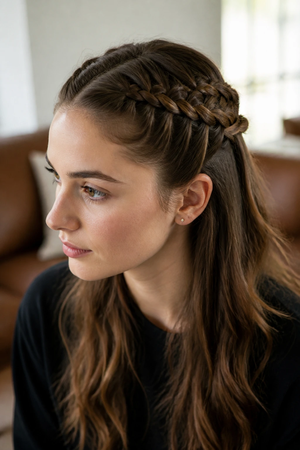 Close-up of a real person with half-up French crown braids