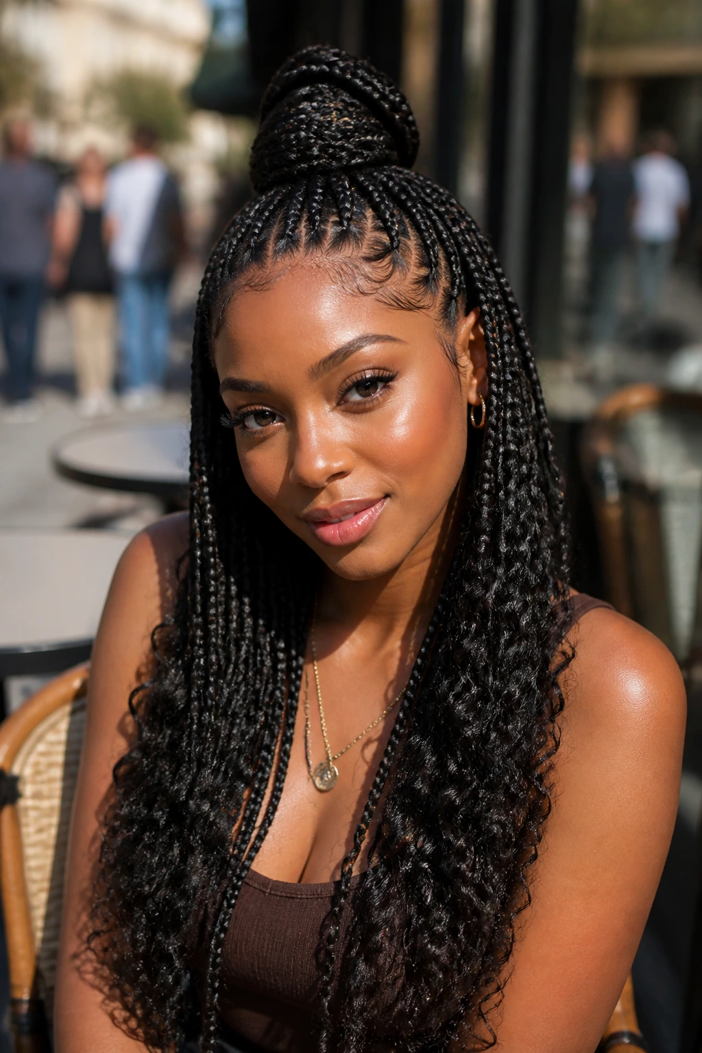Close-up of a woman with half-up half-down Ghana braids in an outdoor cafe