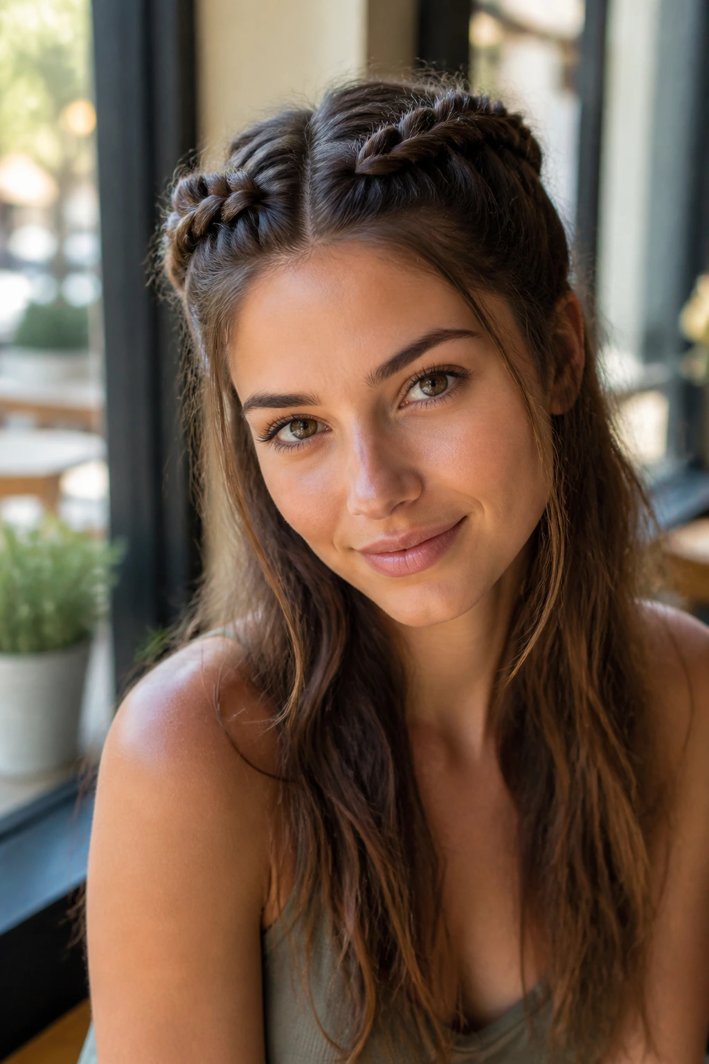 Close-up of a real woman with two half-up goddess braids at the crown