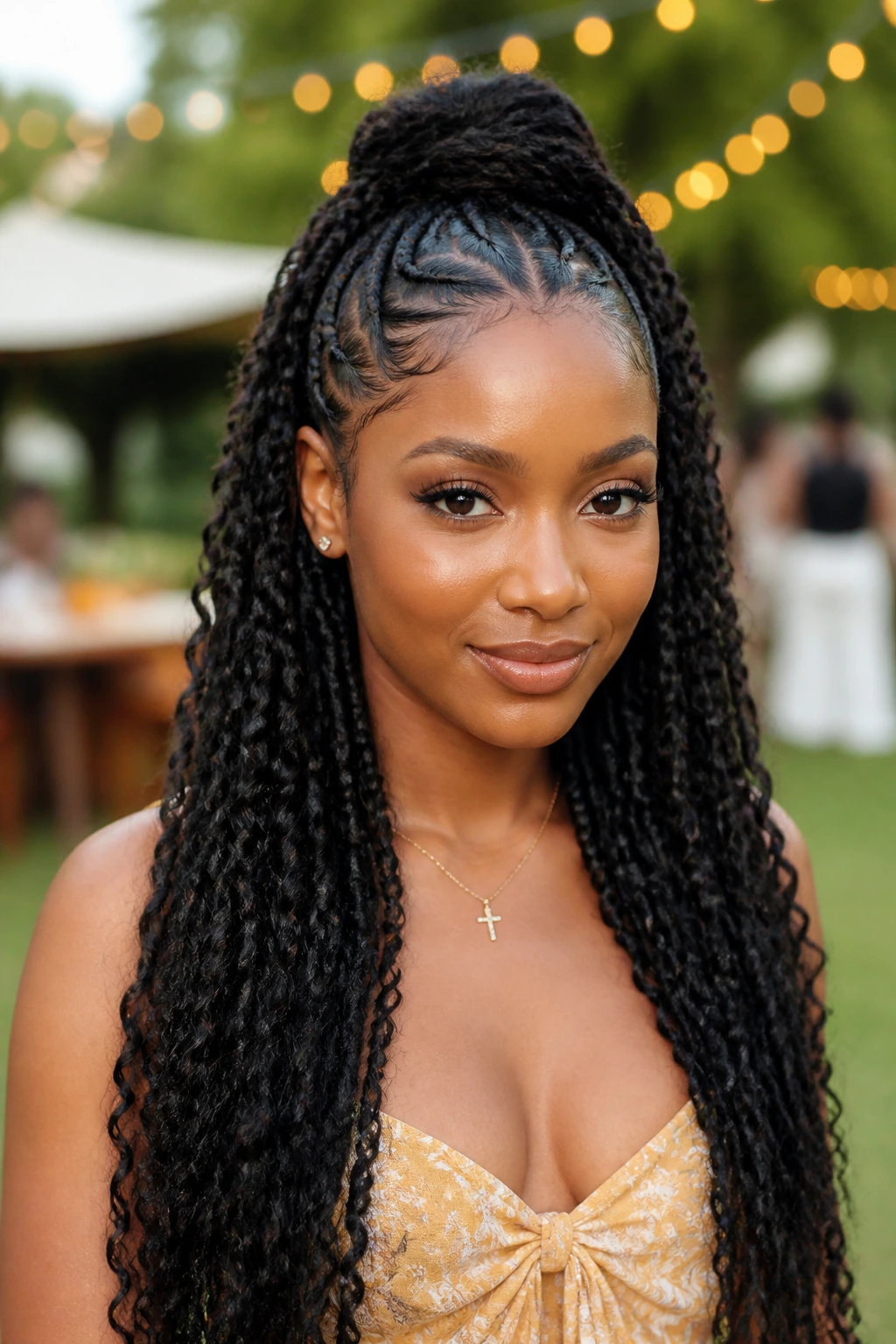 Medium close-up of a real woman wearing half-up, half-down goddess braids in natural daylight