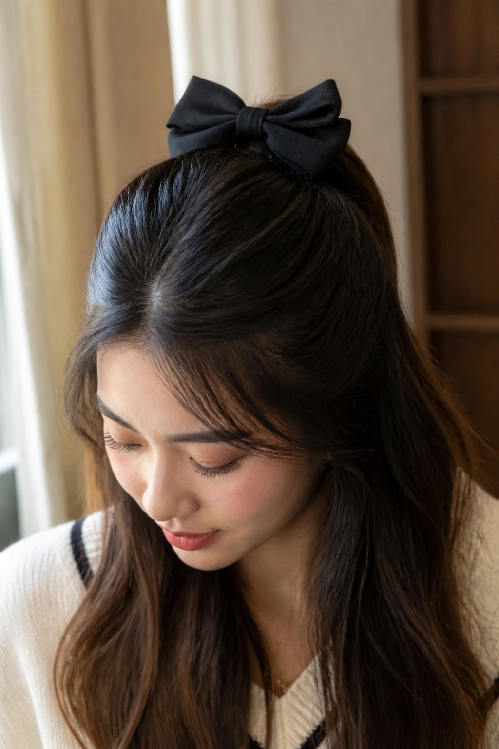 Portrait of person with half-up hairstyle secured by bow barrette