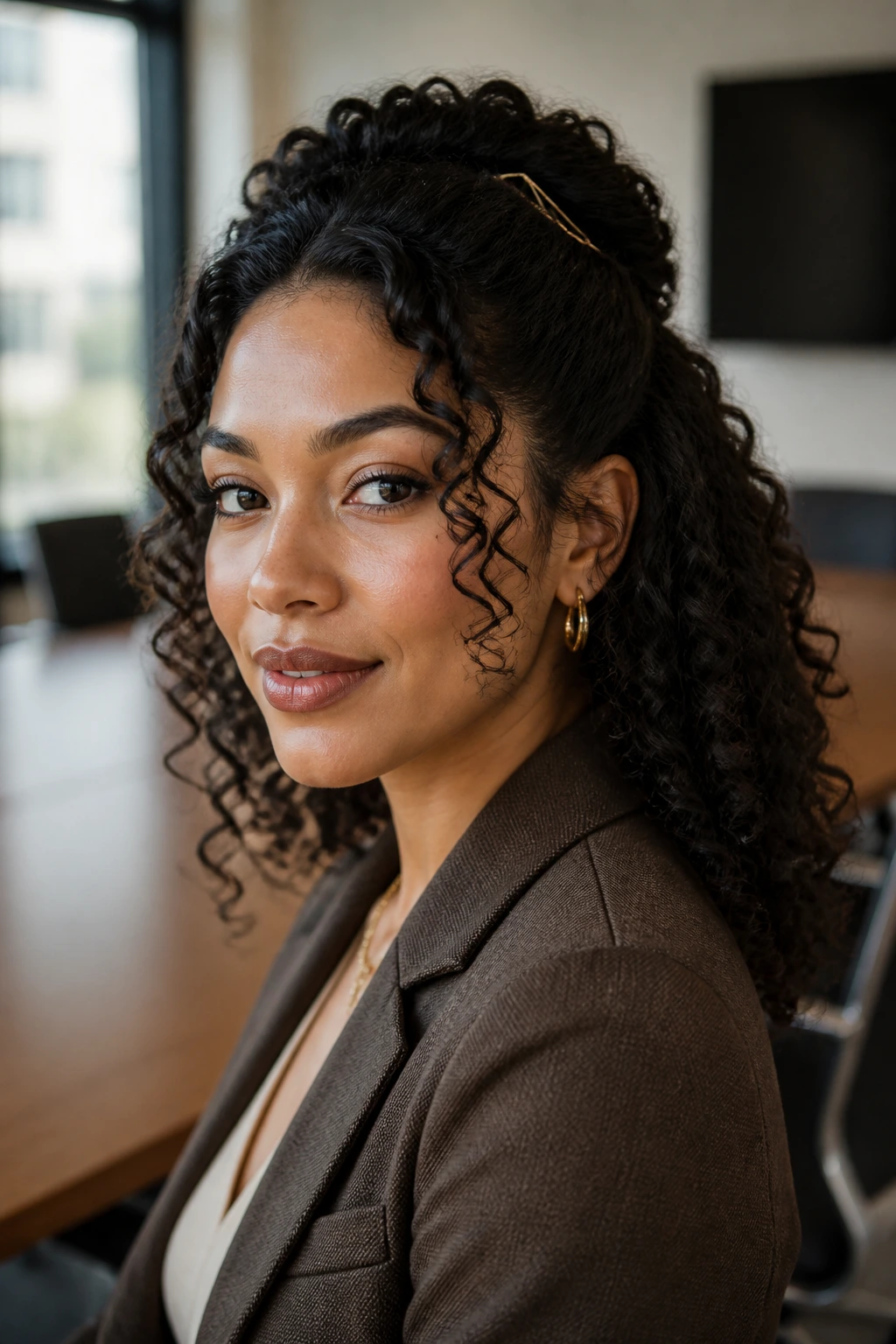 Portrait of a woman with a pinned-back half-up hairstyle in a professional setting.