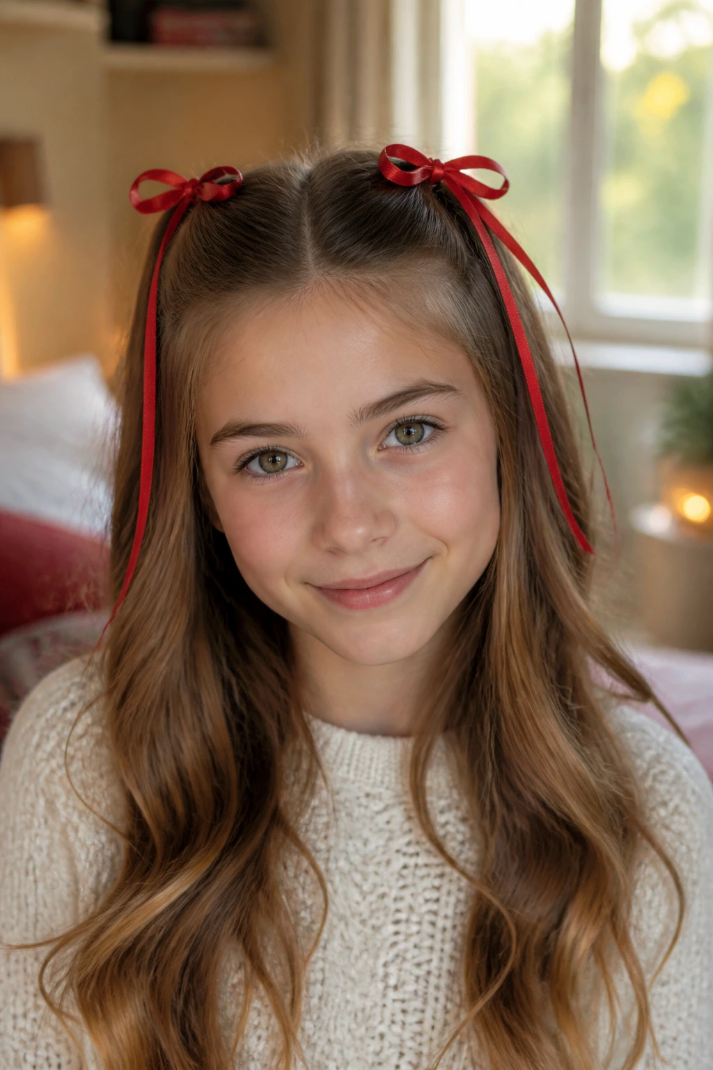 Close-up portrait of a real girl wearing a classic half-up with ribbon ties hairstyle in a cozy bedroom.
