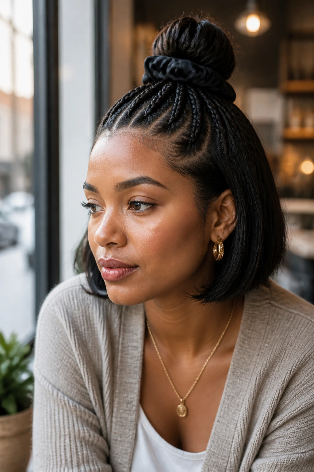 Real woman with half-up bob in a high bun, cafe window light