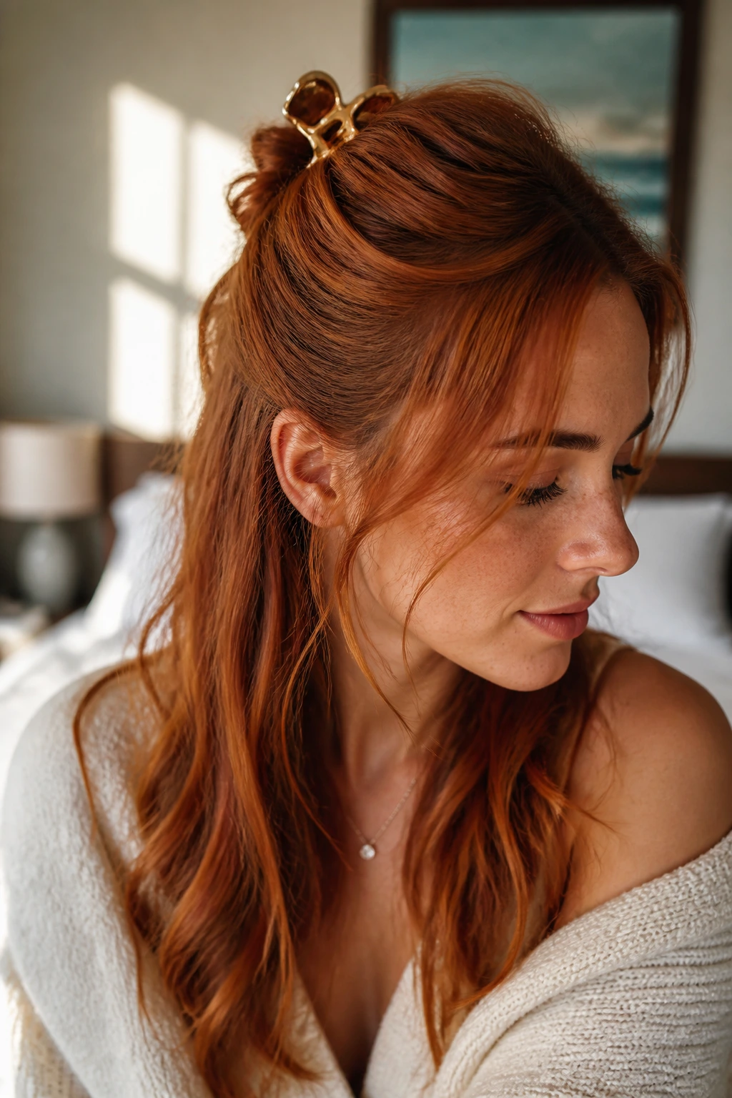 Close-up of a real woman with copper hair in a half-up half-down claw clip hairstyle in warm bedroom light
