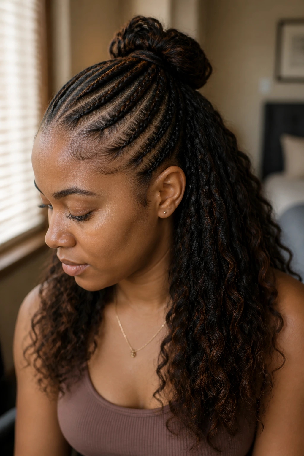 Real person with top-half cornrows and bottom loose hair in a half-up-half-down style.