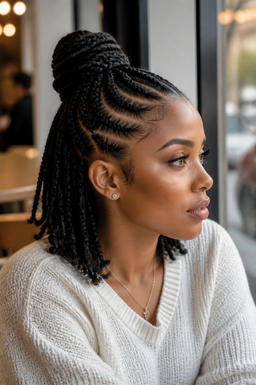 Close-up of a person with half-up half-down Ghana braids at a cafe