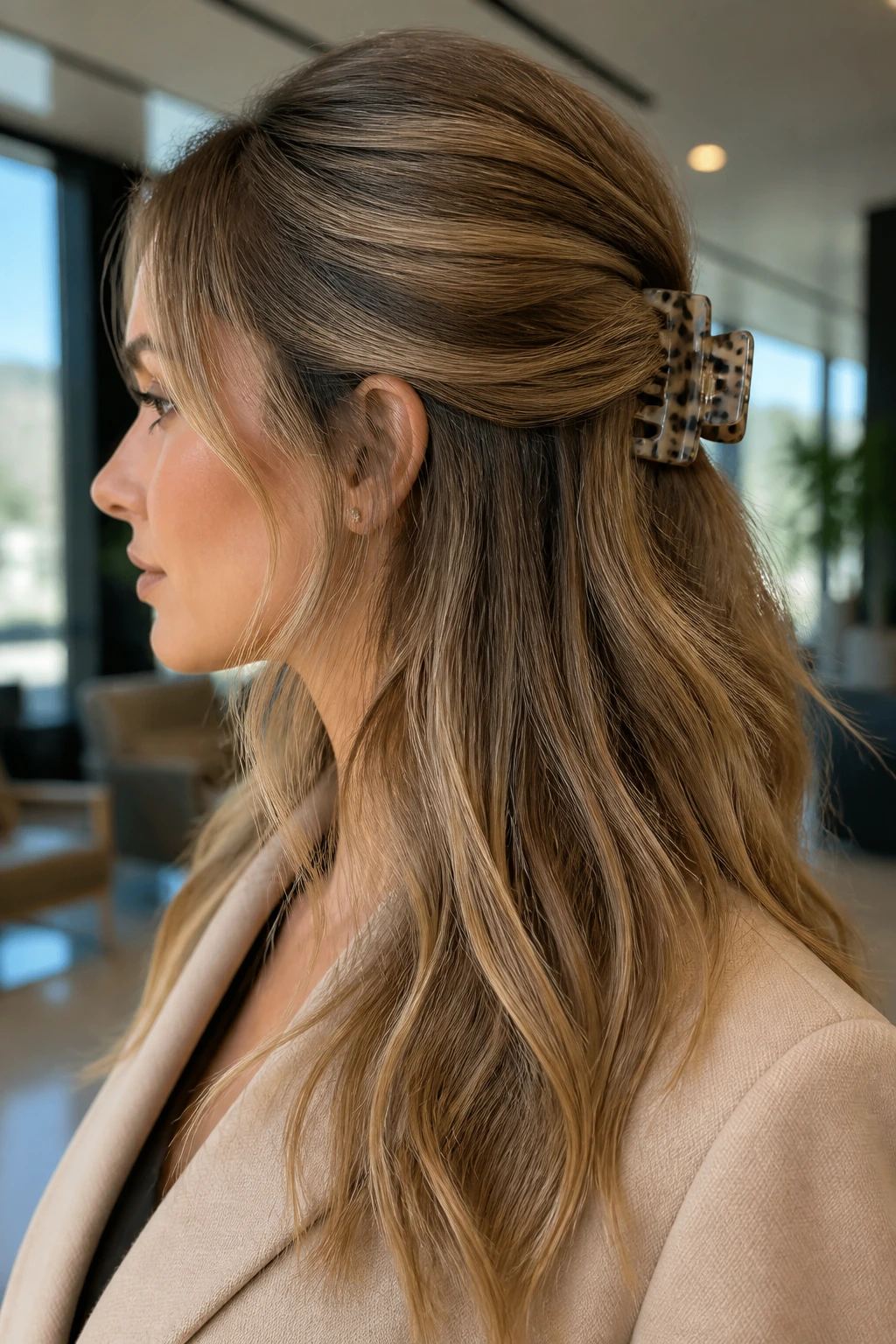 Close-up of a woman with half-up, half-down hairstyle with volume
