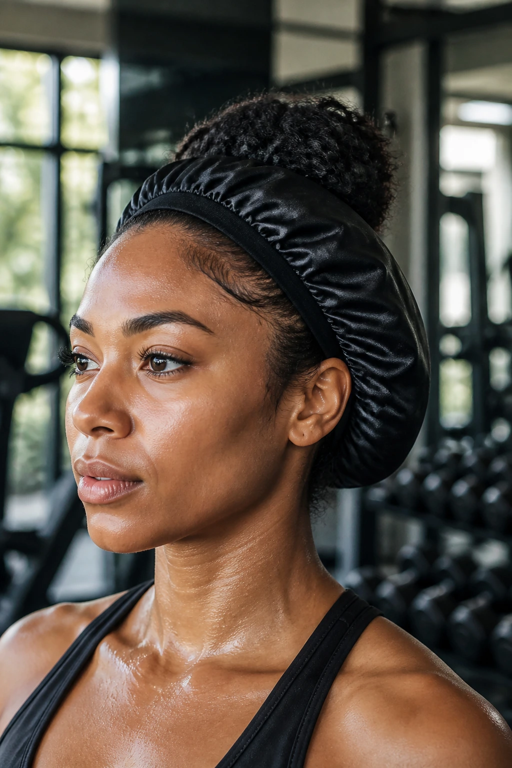 Close-up of half-up half-down hairstyle tucked into satin bonnet during workout