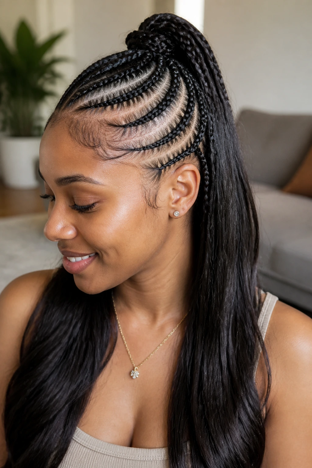 Close-up of half-up half-down lemonade braids on a real person