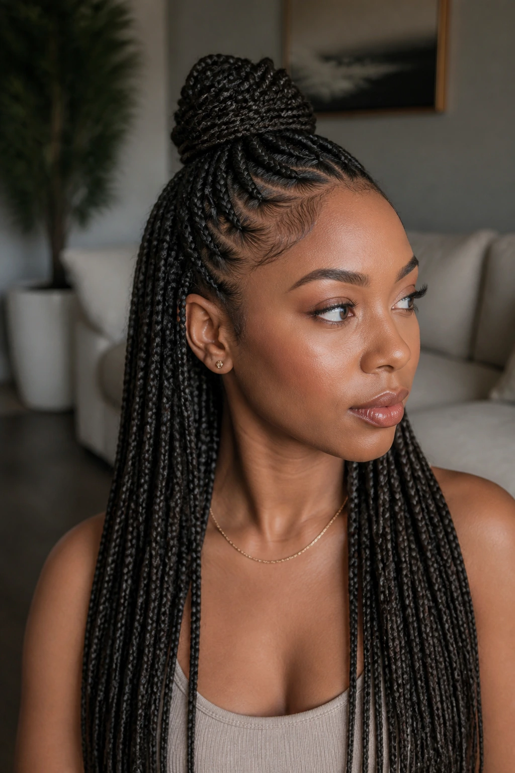 Close-up of a real woman with half-up crown braids and loose braids down.