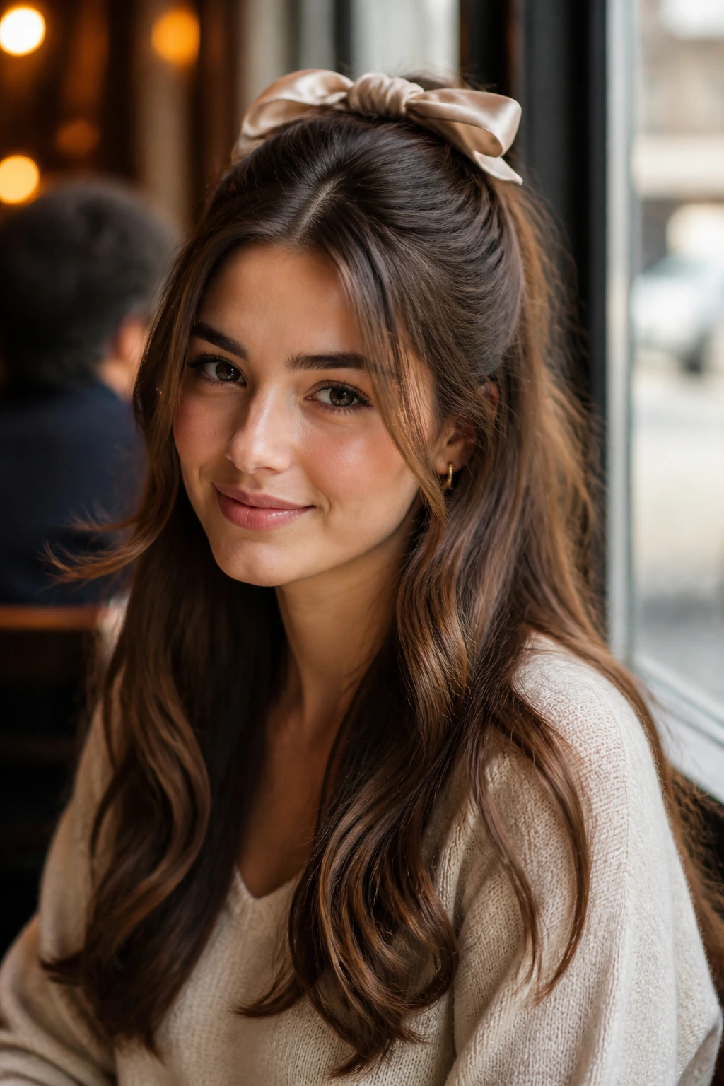 Portrait of a real woman with half-up half-down hairstyle and silk bow