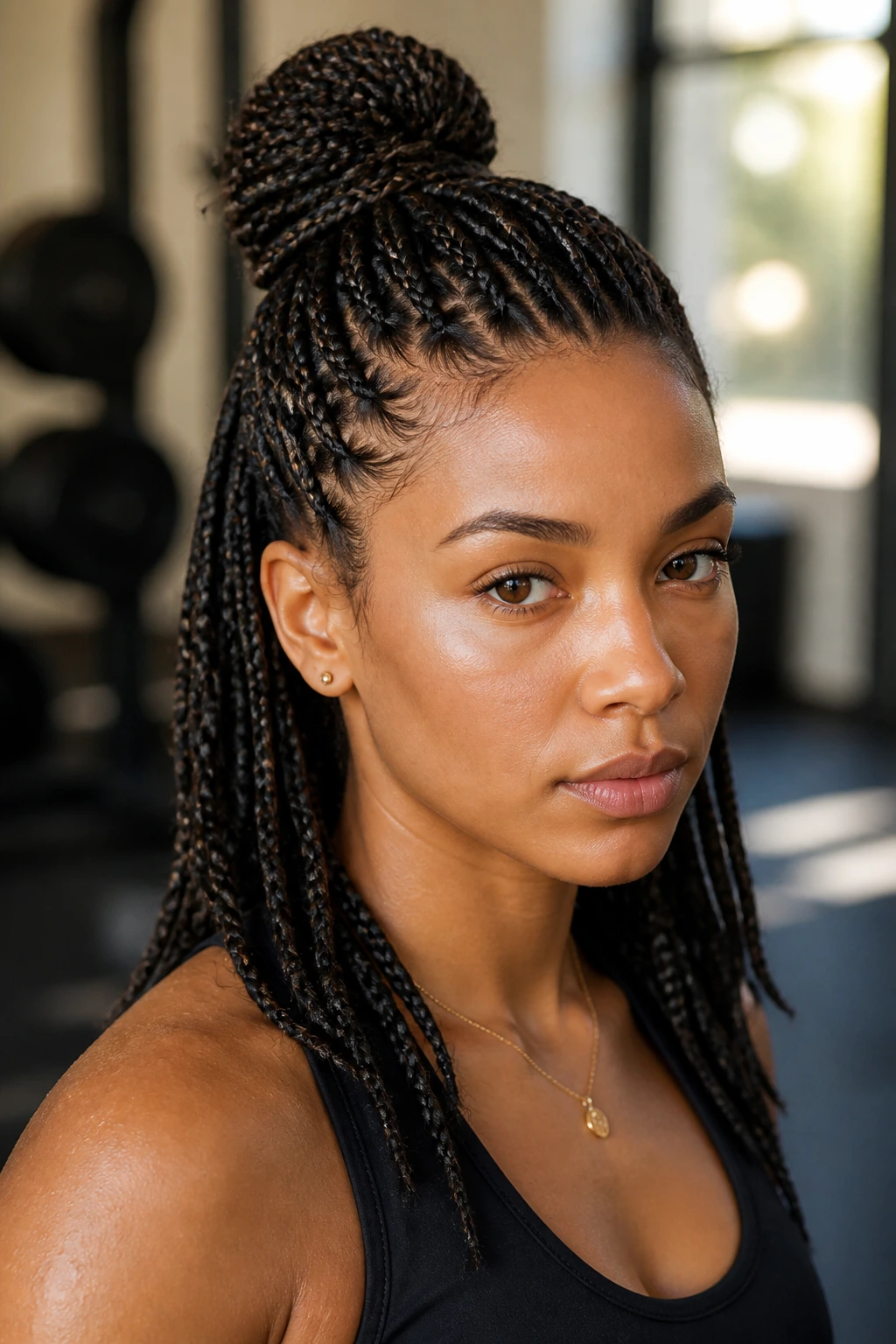 Close-up of a real woman with half-up half-down tree braids during a workout