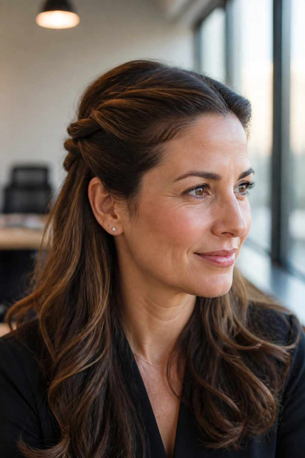 Close-up portrait of a woman with a half-up half-down twist in a softly lit office