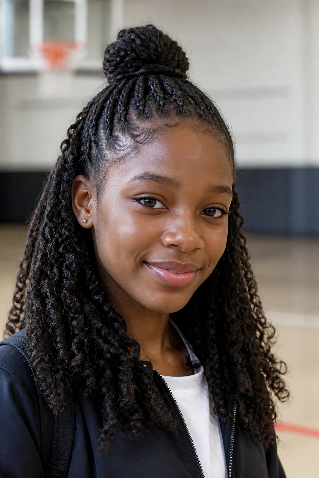 Close-up of a real student wearing half-up half-down with mini twists in a school setting.