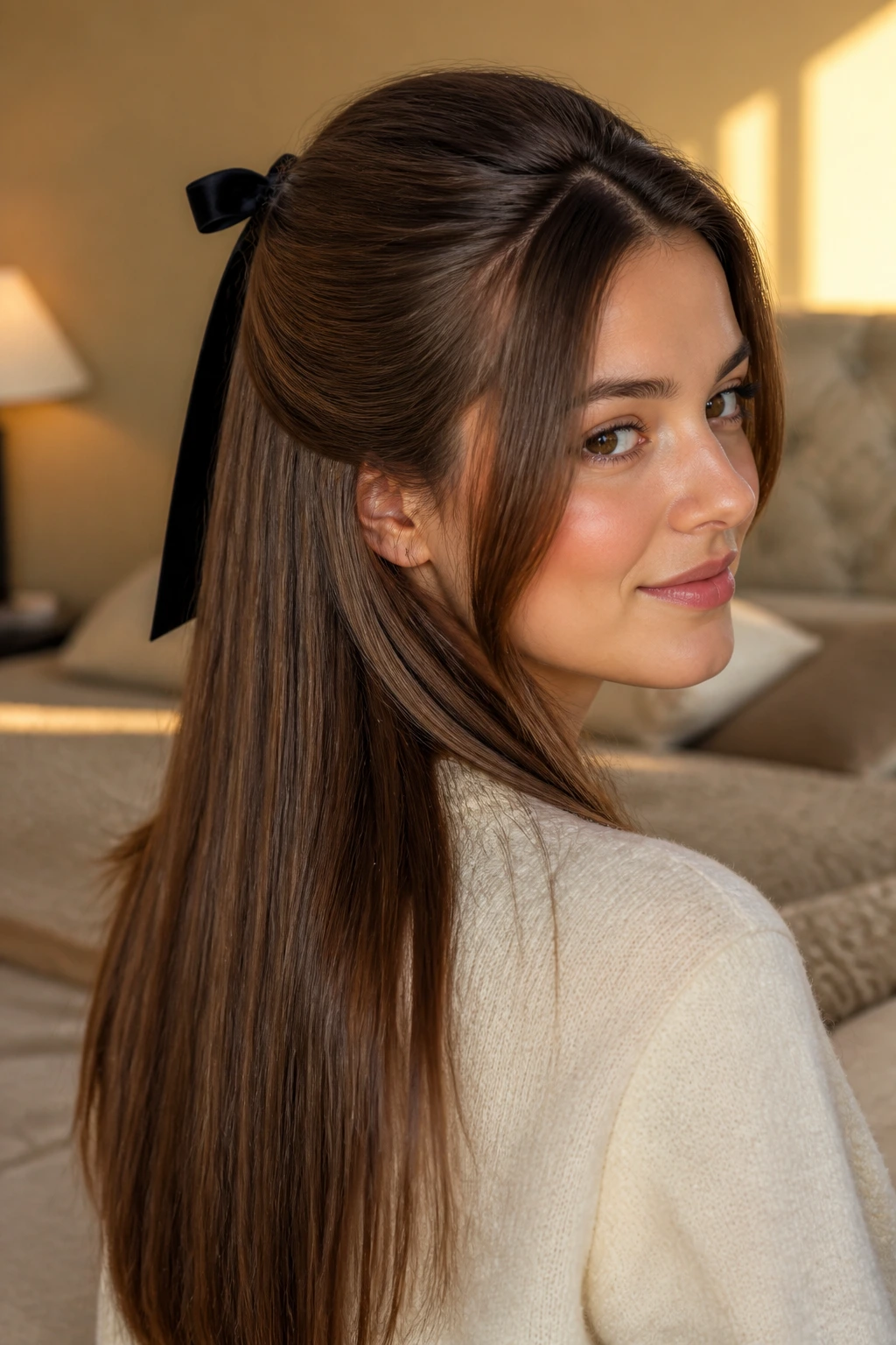 Close-up of a real woman with half-up half-down hairstyle secured by a velvet ribbon
