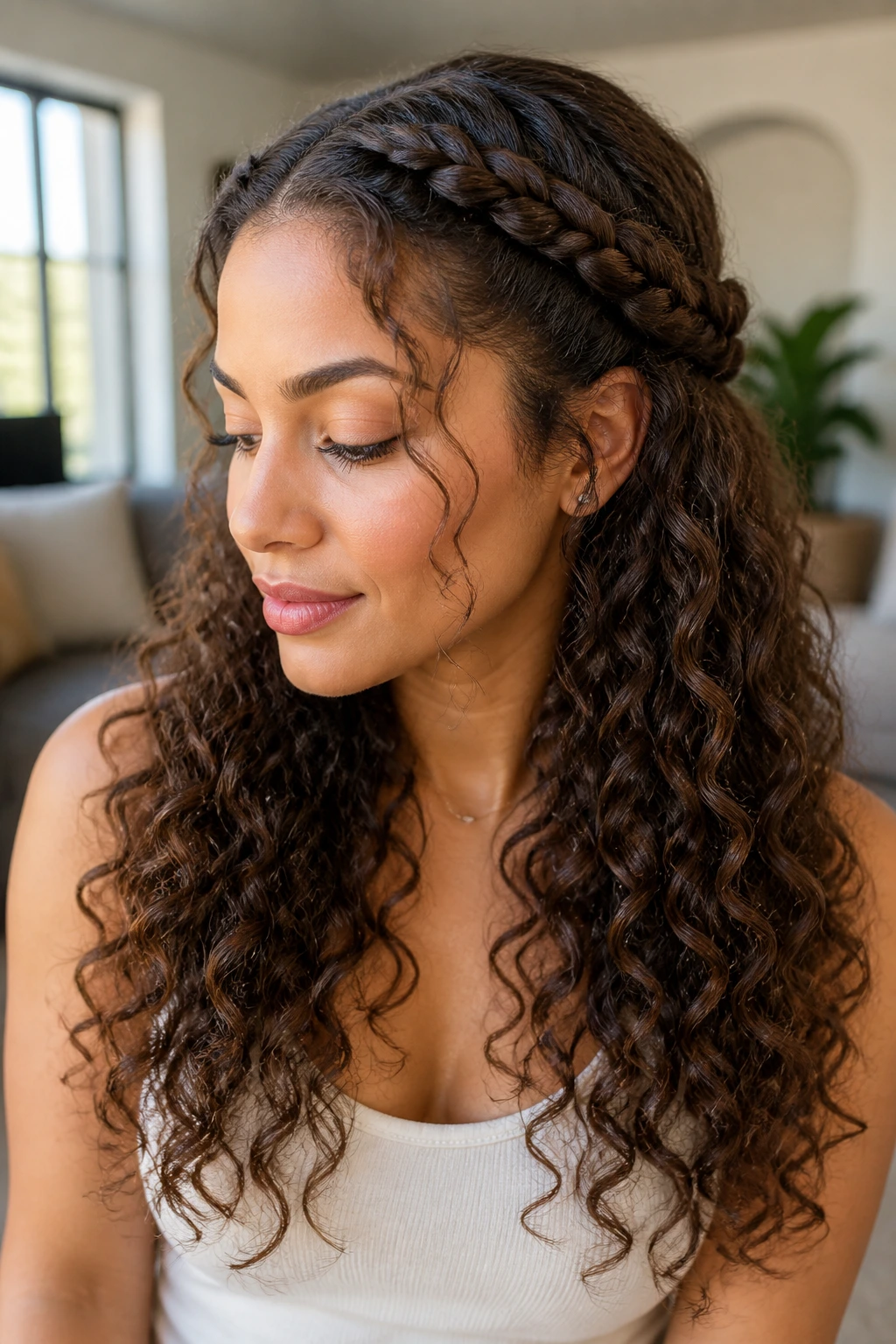 Close-up of a real woman with half-up halo braid and cascading curls