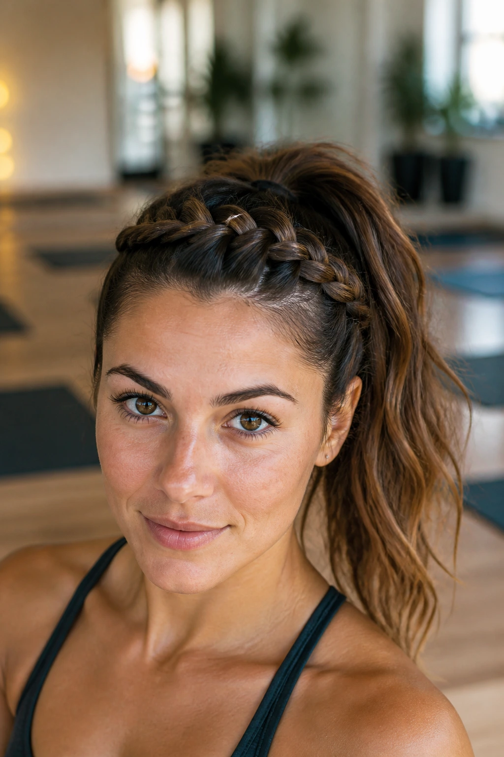 Front portrait of a real woman with a half-up headband braid in a yoga studio