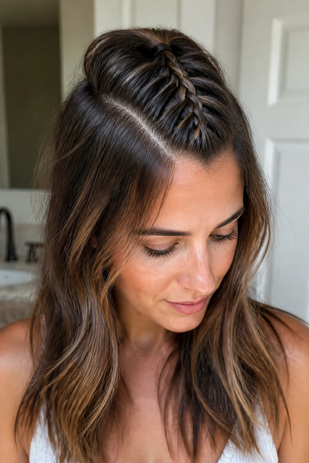 Close-up of a real person with a half-up hairstyle featuring a herringbone cross accent