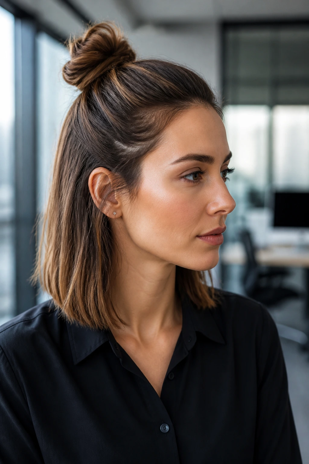 Real person with a half-up knot and blunt ends in an office setting