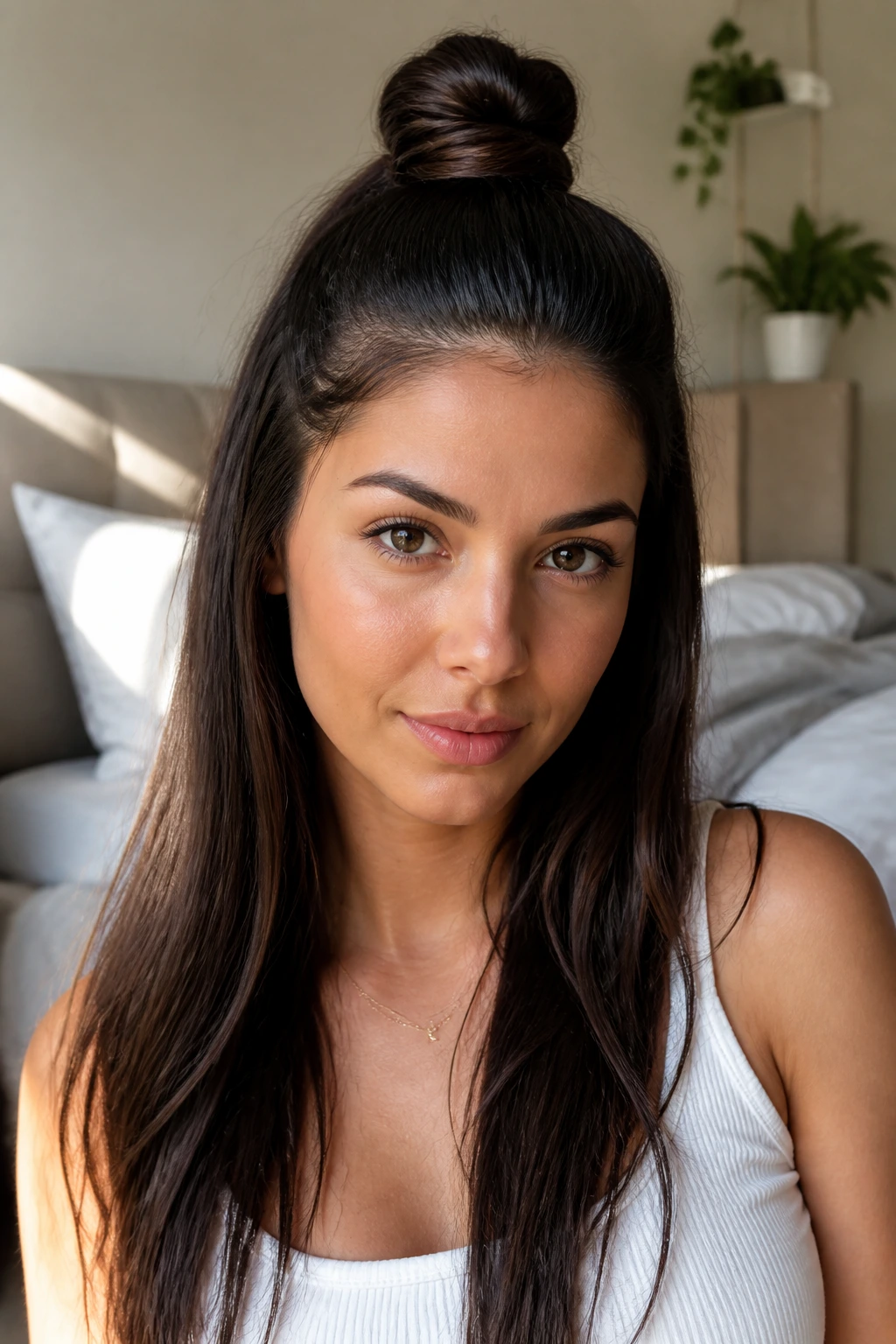Woman with half-up top knot and cascading lengths in soft natural light