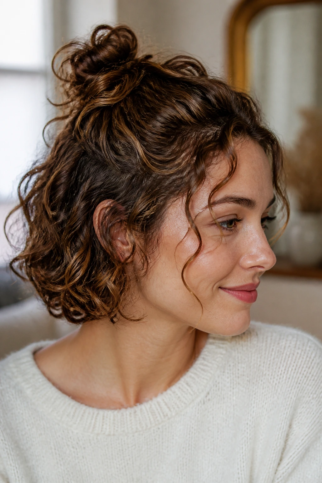 Close-up of a real person with a half-up knot in loose curls.