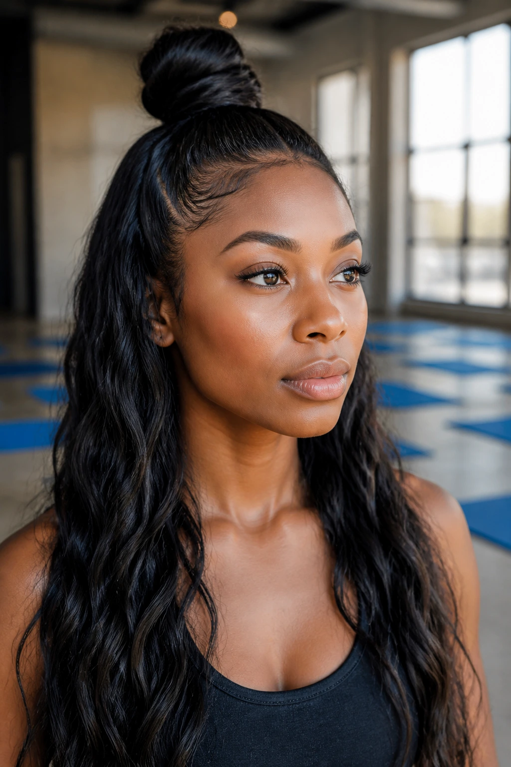 Real person with half-up half-down top knot during a workout, showing blended extensions.