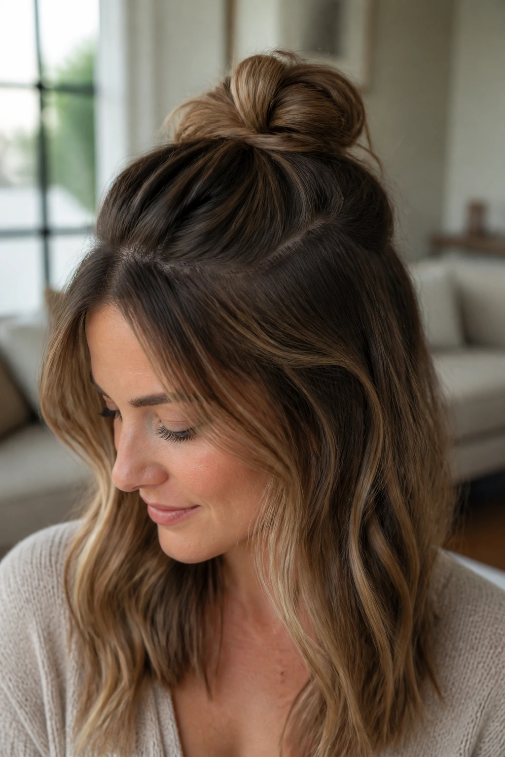 Close-up of a real woman with a half-up knot at the crown