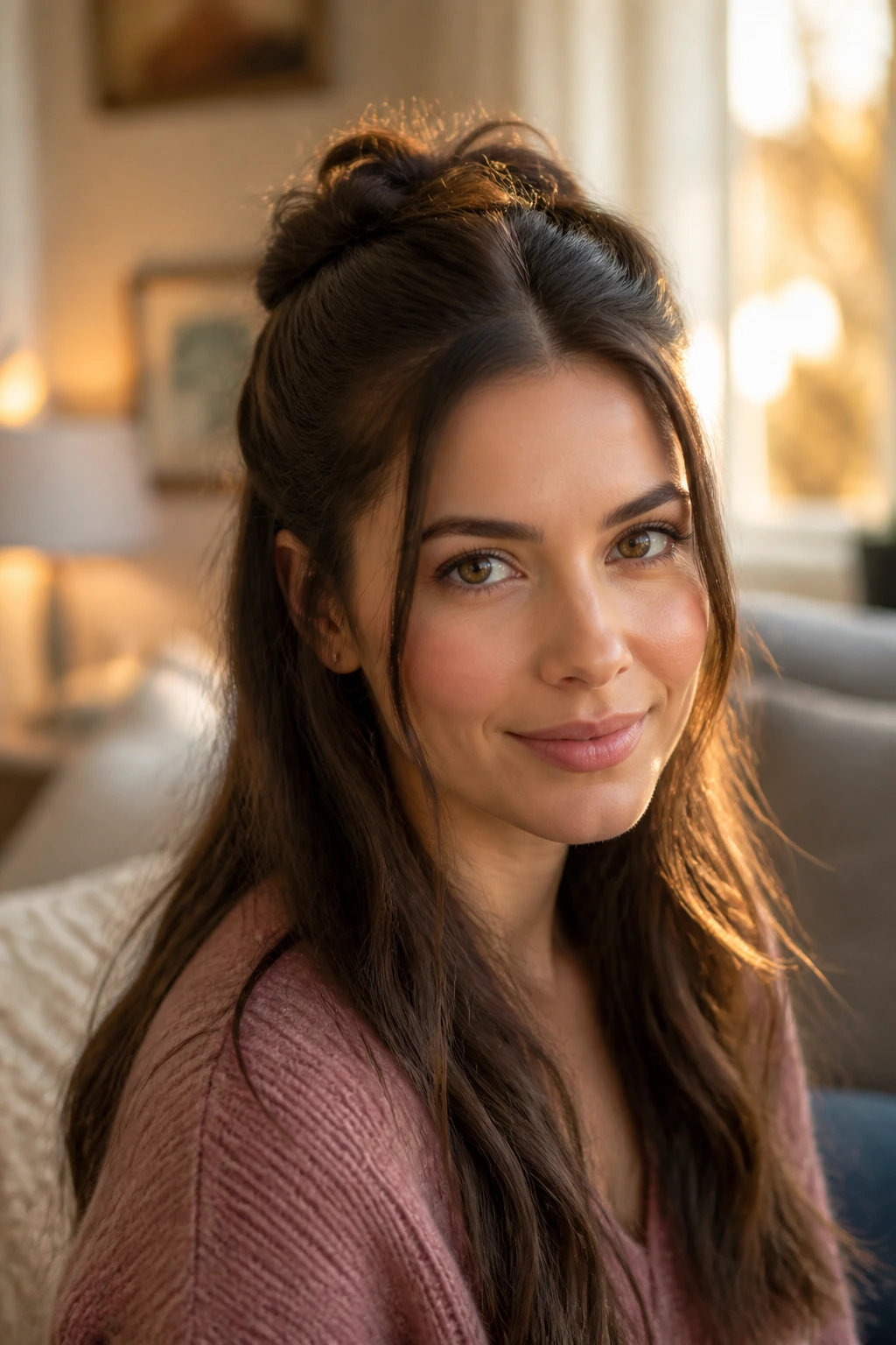 Close-up of a woman with a knot-based half-up hairstyle in a cozy living room at golden hour.