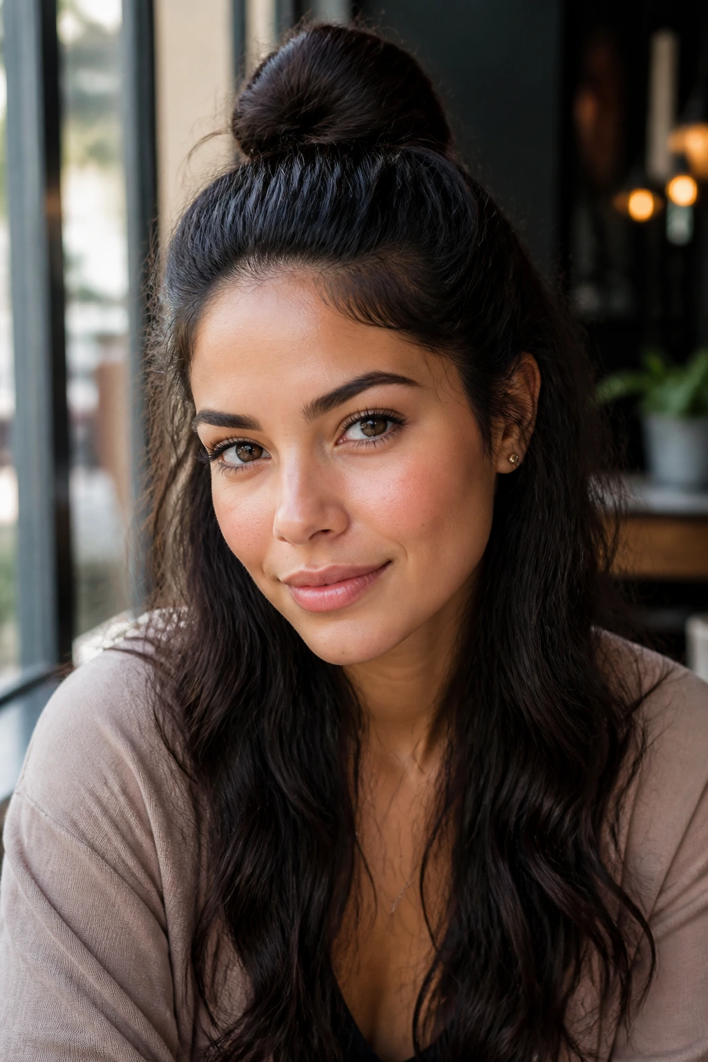 Close-up portrait of a real woman with a high half-up top knot in a cozy cafe setting