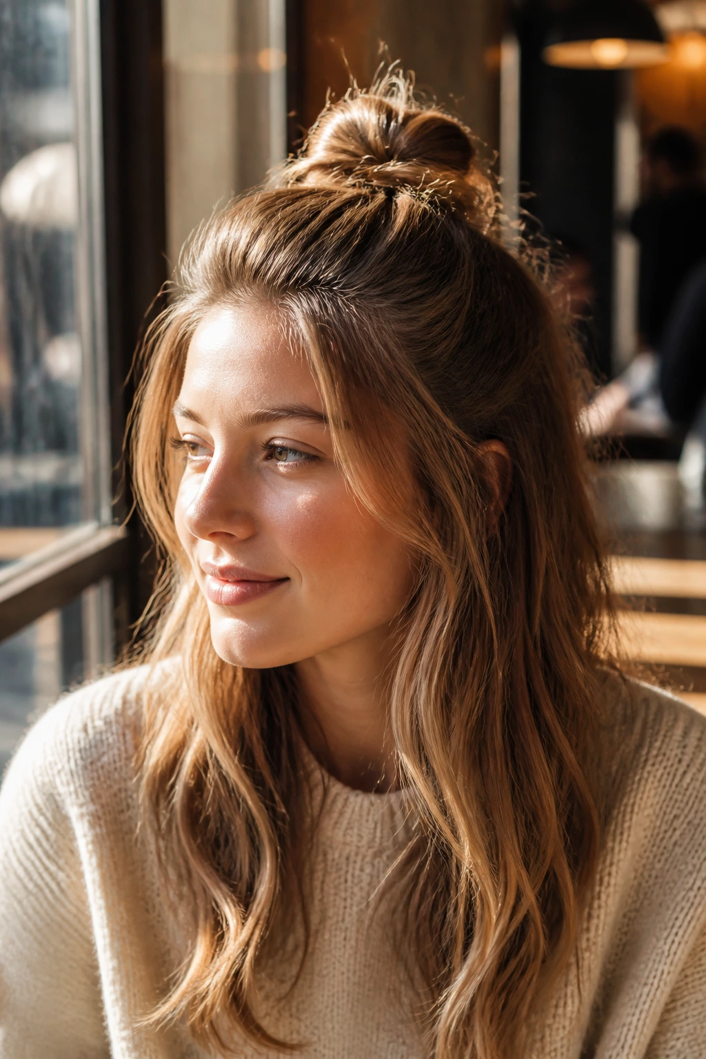 Close-up of a real woman with a half-up knot at the crown.