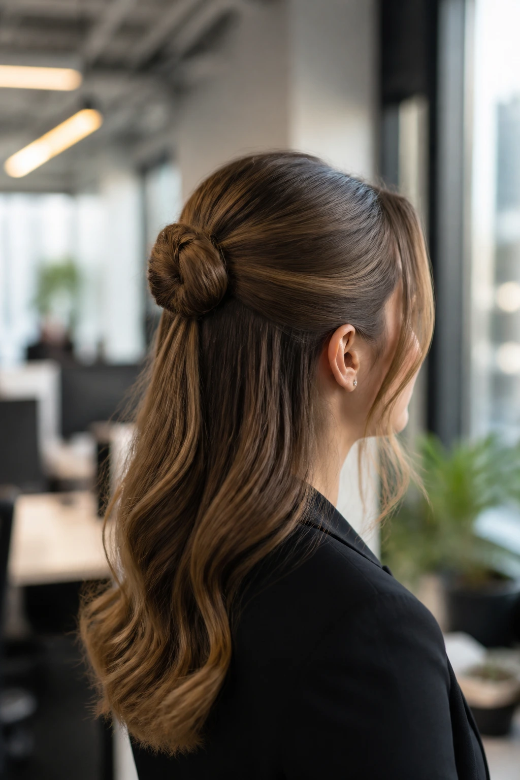 Portrait of a woman with a structured half-up knot and loose waves in an office setting