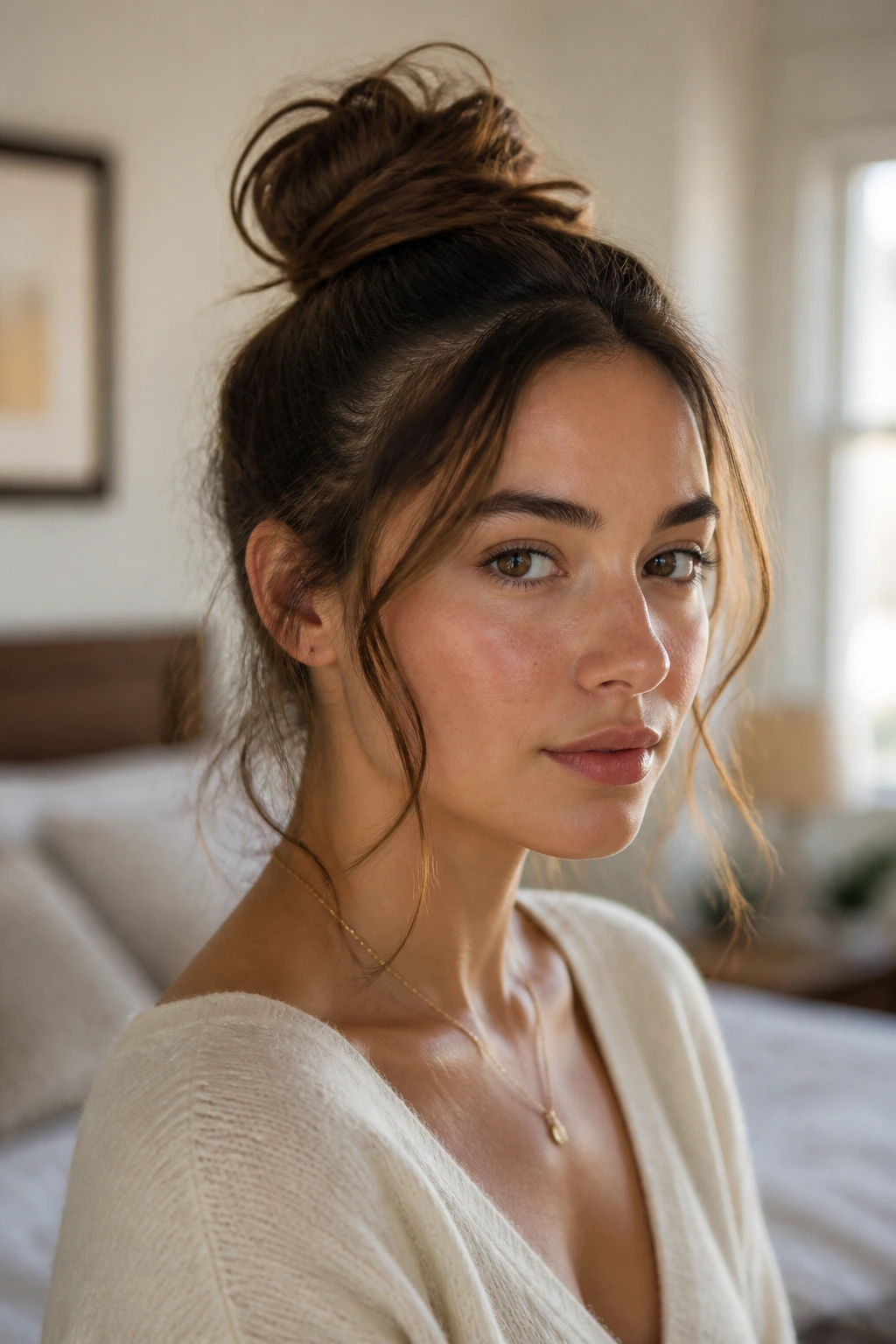 Close-up of a real woman with a half-up top knot and soft face-framing tendrils in warm bedroom light