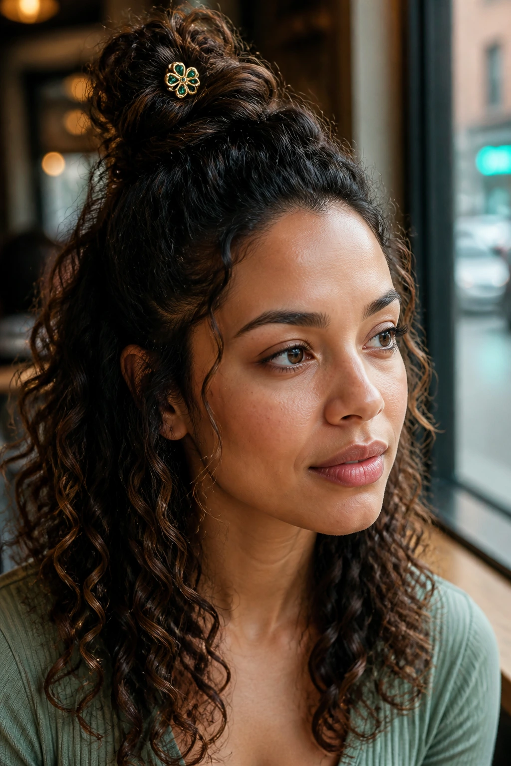 Portrait of a woman with a half-up knotted top knot secured with a gold-and-green pin.