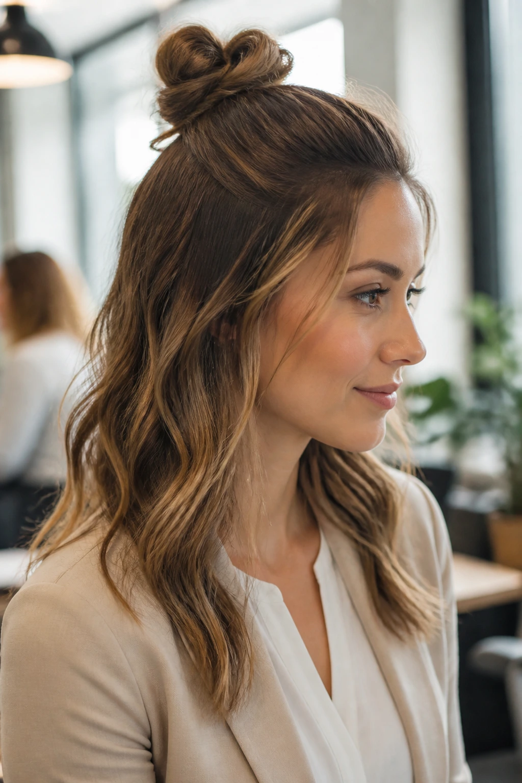 Portrait of a real person with a half-up knot and soft waves
