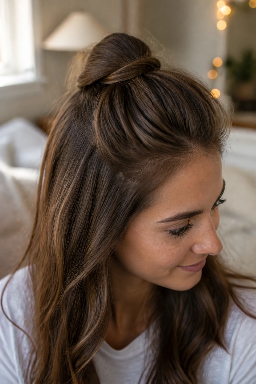 Close-up of a woman with a half-up knotted bun in a cozy bedroom