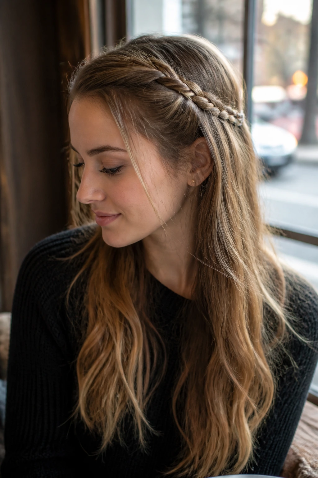 Close-up of a real woman with a half-up lace braid and loose hair