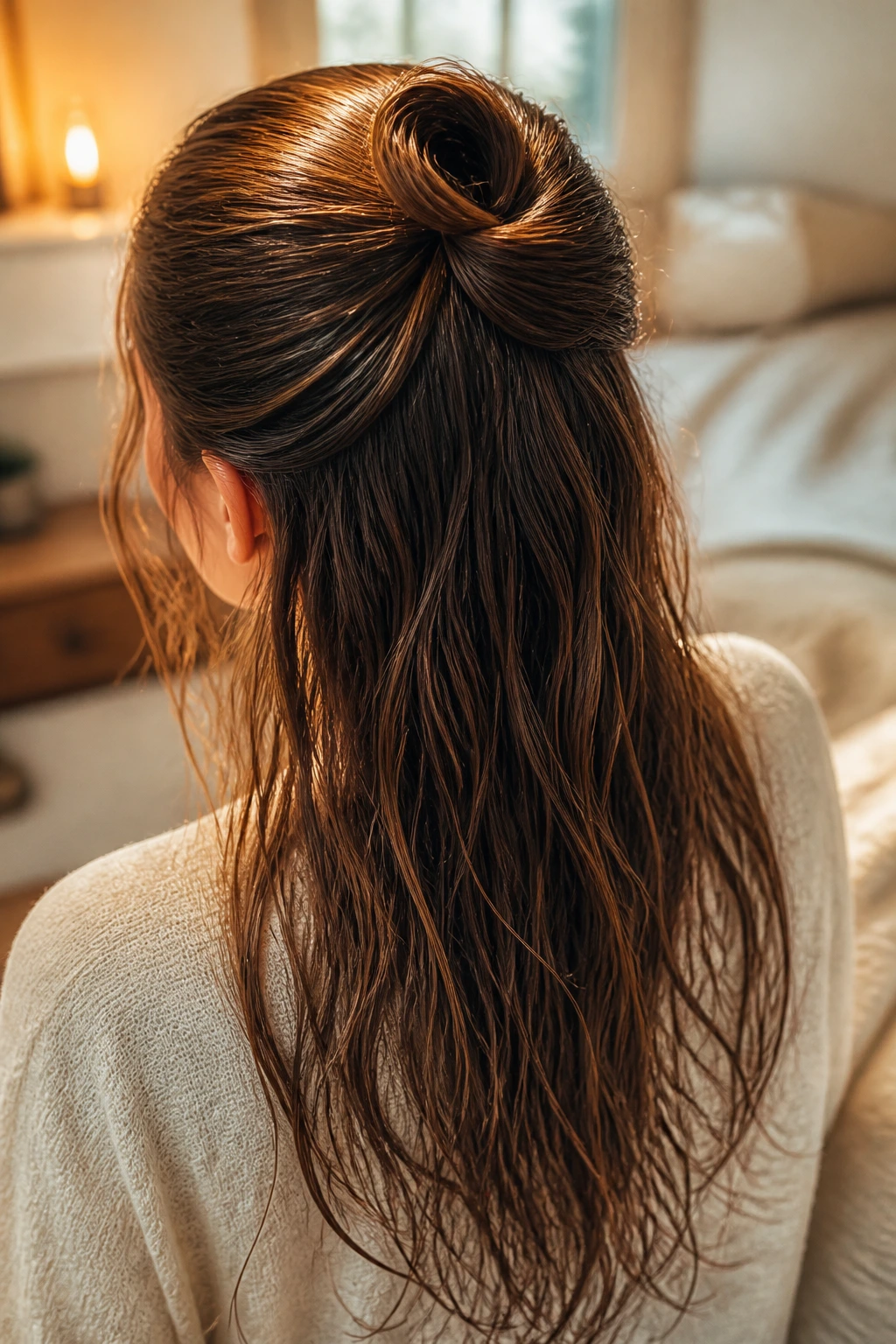 Back view of a real woman with a half-up folded loop bun on damp hair