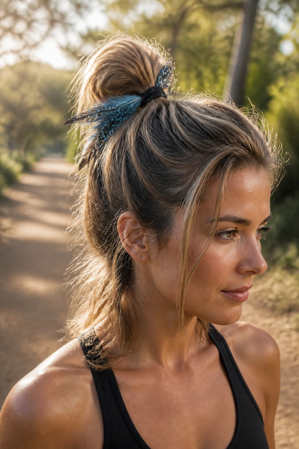 Close-up of a real woman wearing a messy half-up gym loop with blue feathers outdoors.