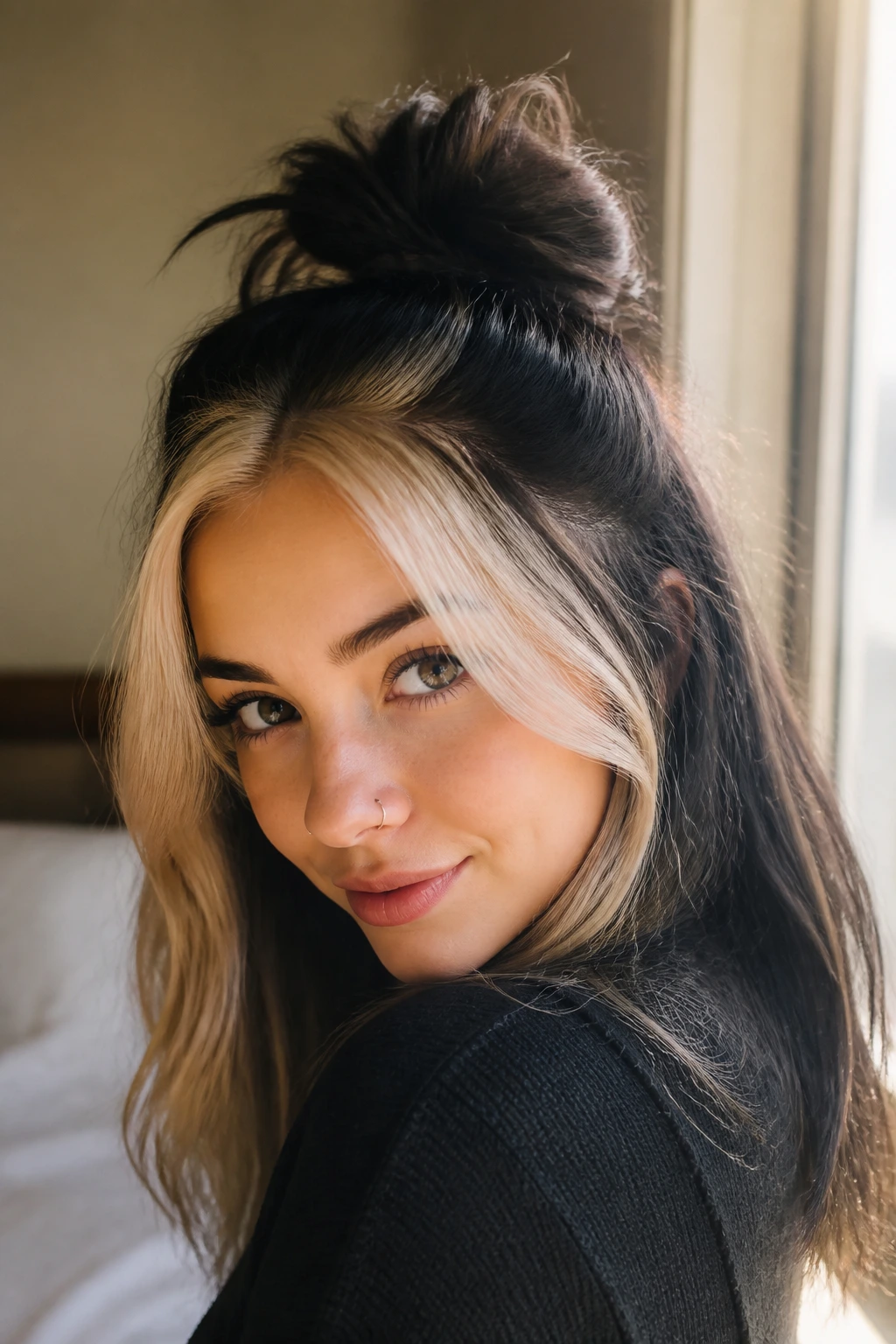 Close-up portrait of a real woman with crown-height messy bun and two-tone Gemini hair