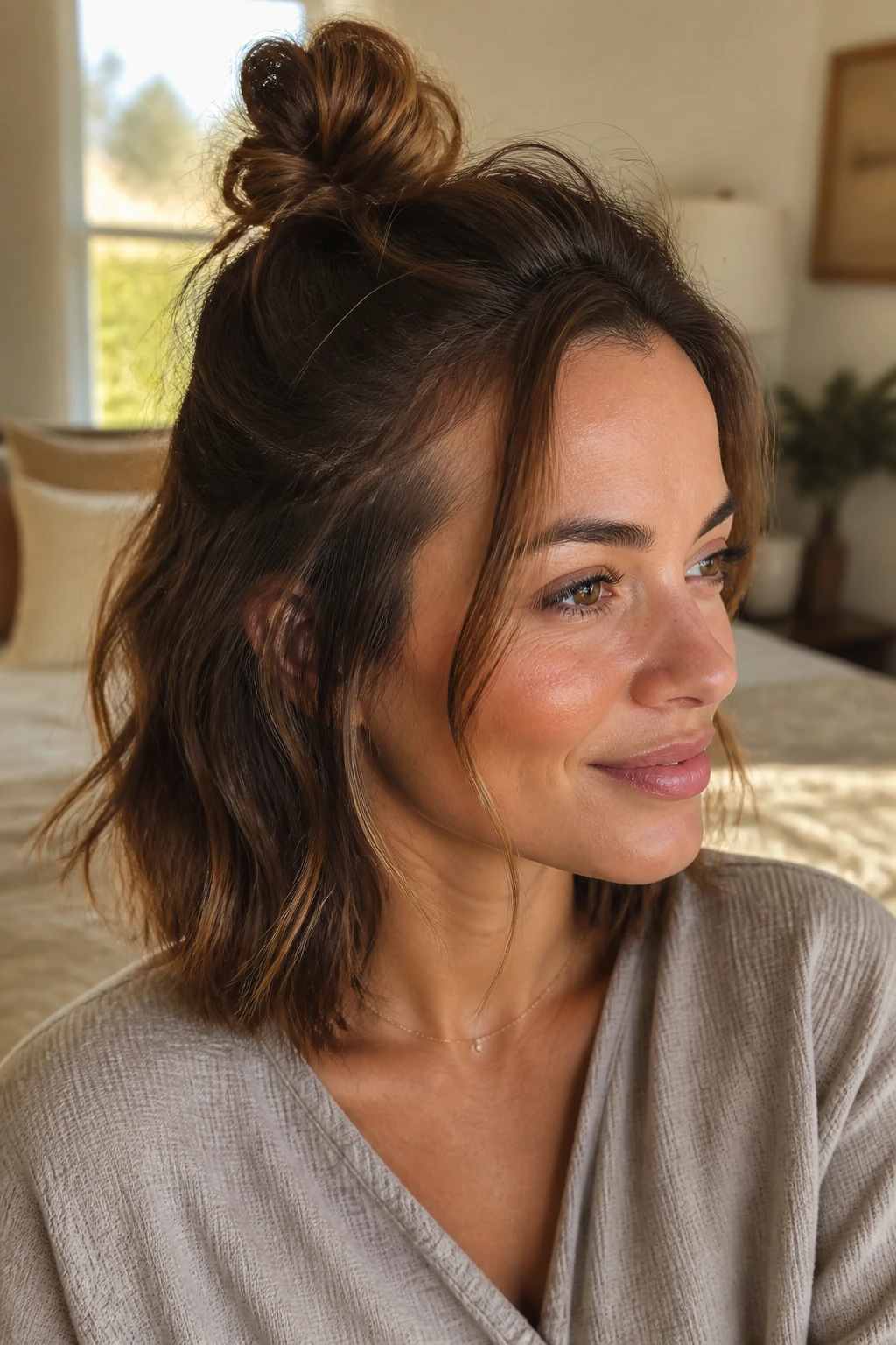 Close-up of a real woman wearing a small crown bun with loose hair