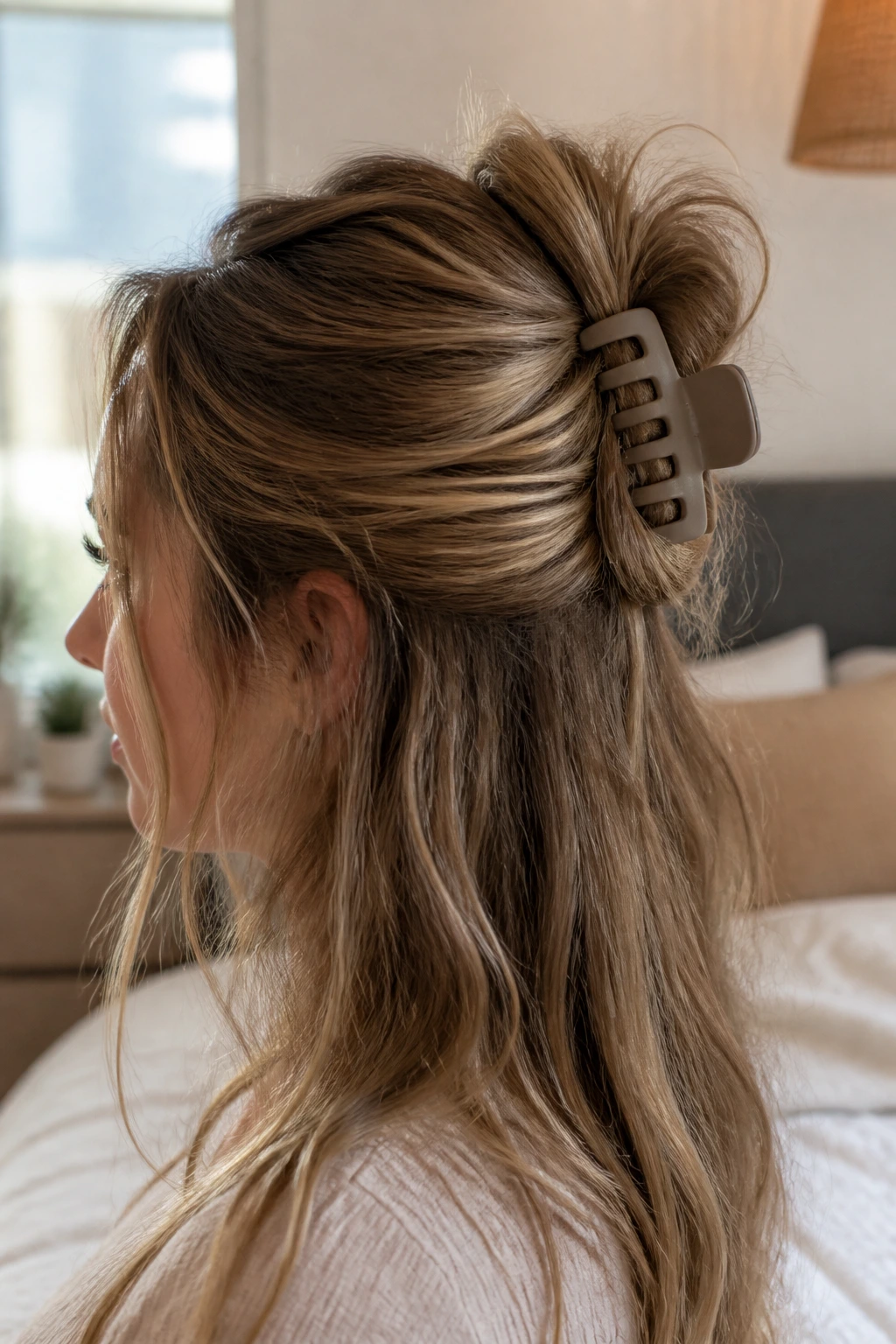 Close-up of real woman with half-up messy twist hairstyle and large clip