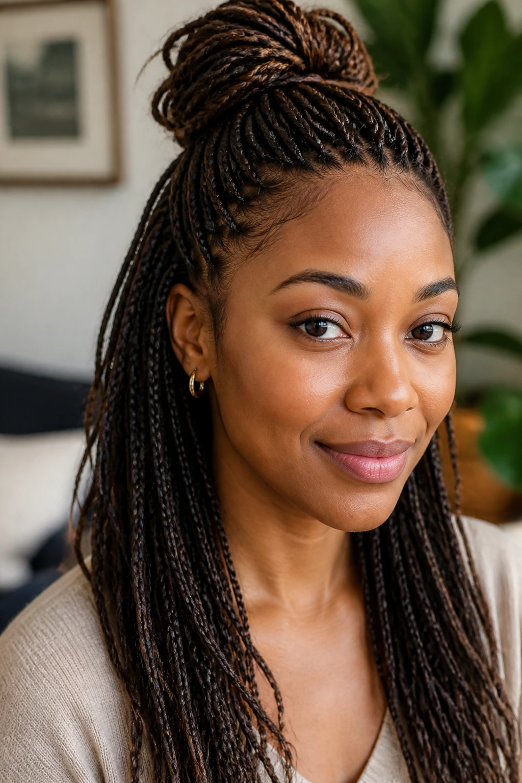 Real person with half-up half-down micro plaits in cozy interior lighting