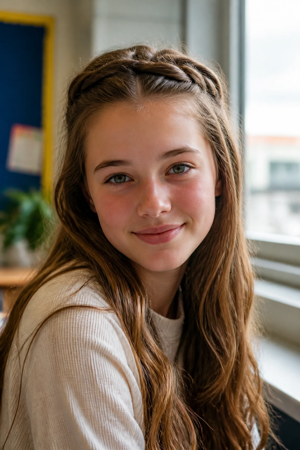 Close-up of a real student with half-up milkmaid braids across the crown