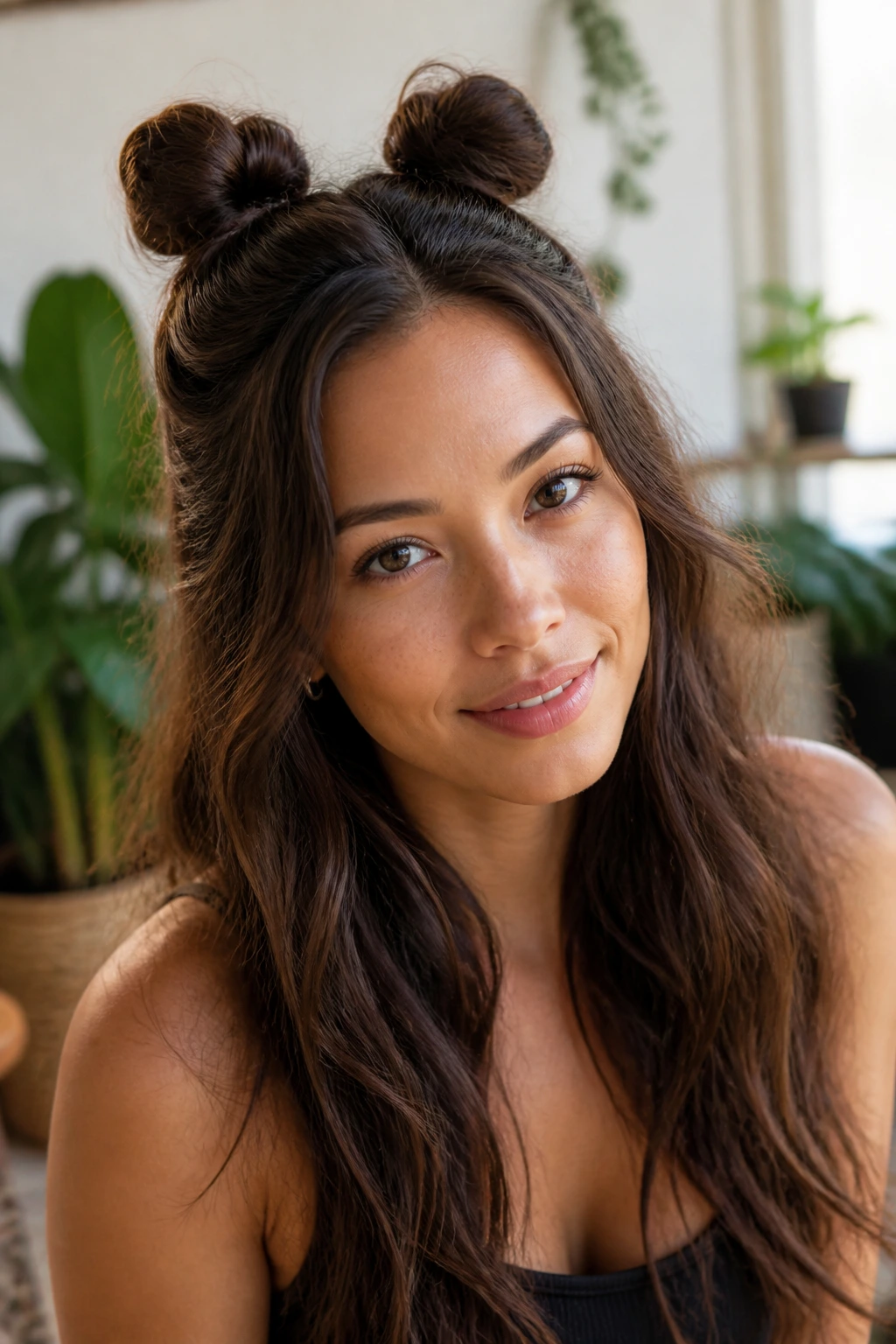 Close-up of a real woman with two mini buns at the crown