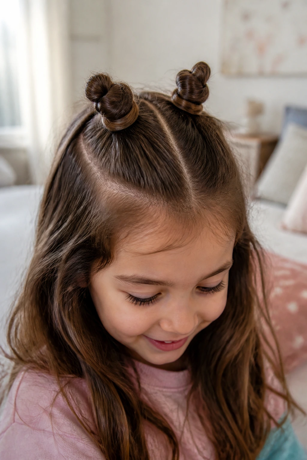 Close-up of child with two tiny top buns and loose hair in a bedroom setting