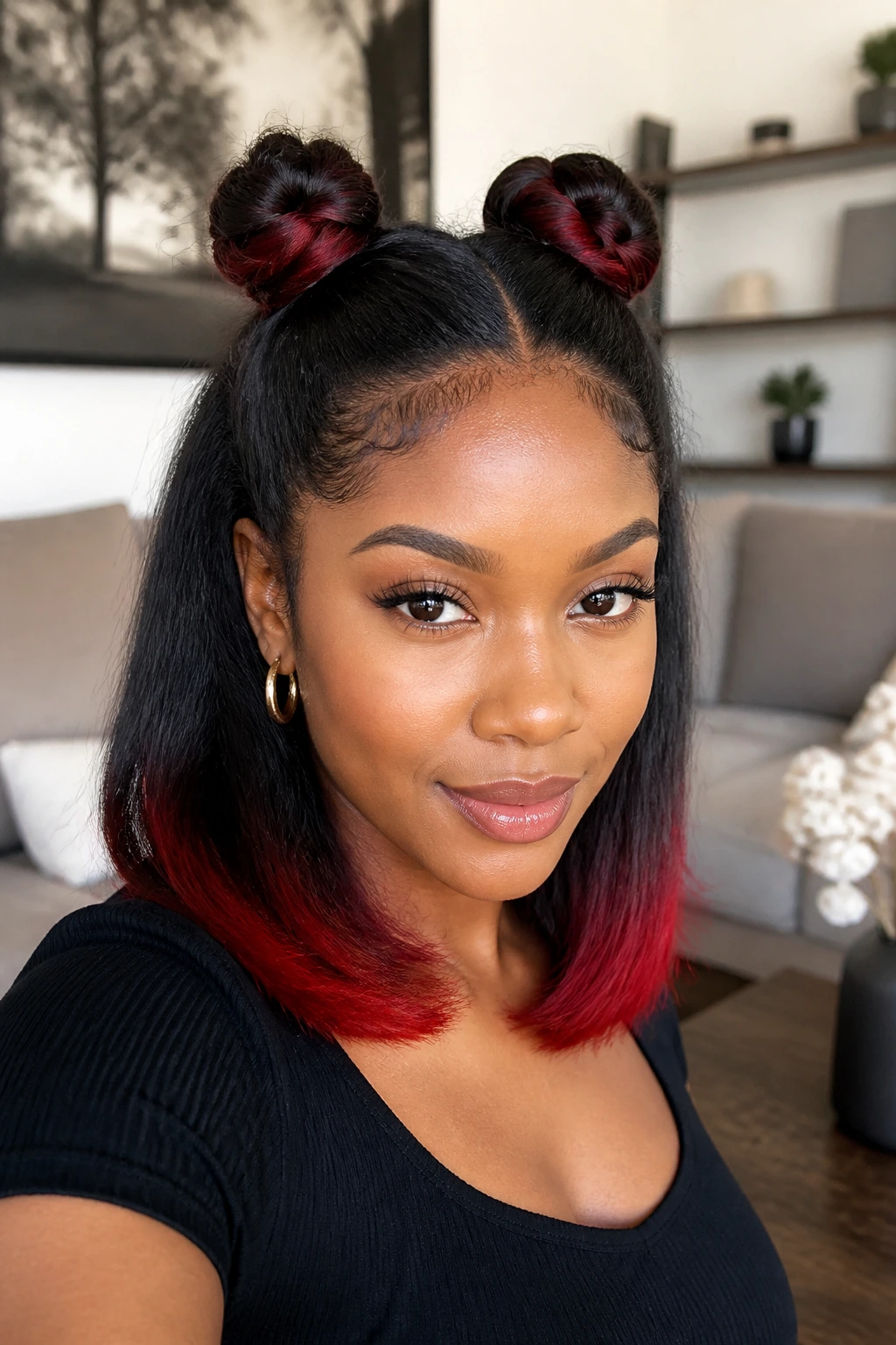 Real woman with half-up mini-buns and red-tip hair
