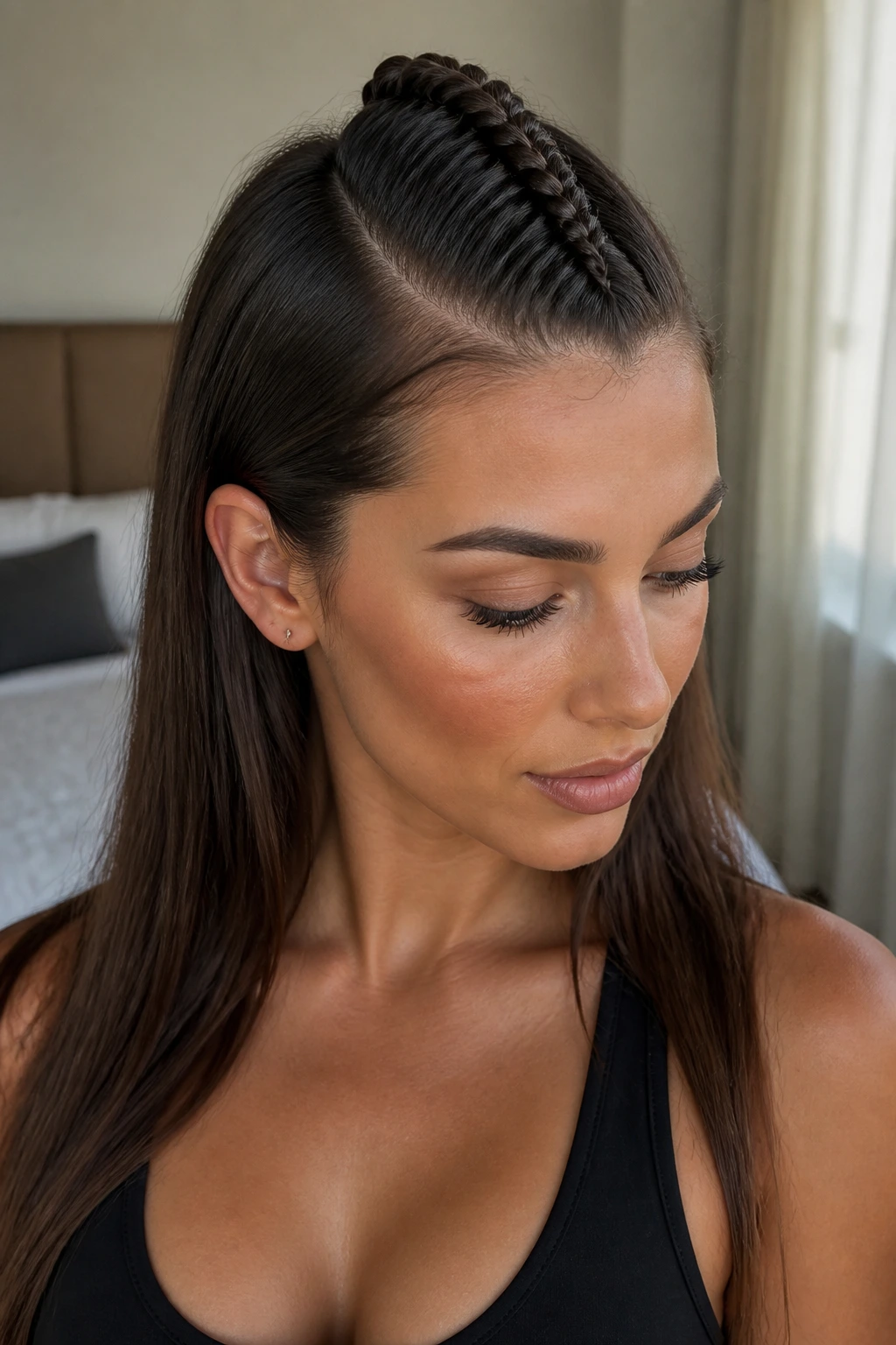 Close-up of a real person with a half-up mohawk braid, center braids with loose hair at back