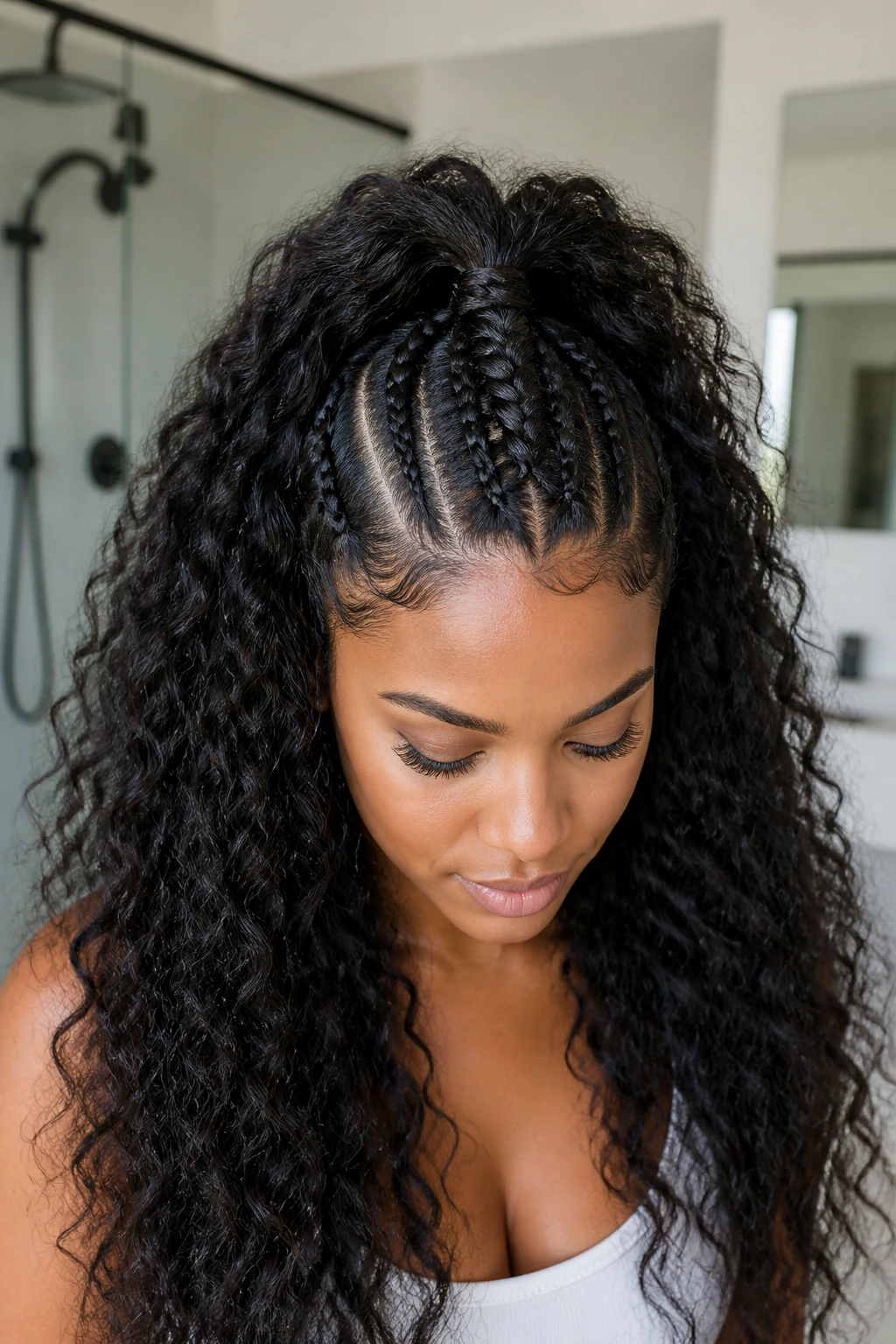 Half-Up Mohawk braid on thick hair in portrait