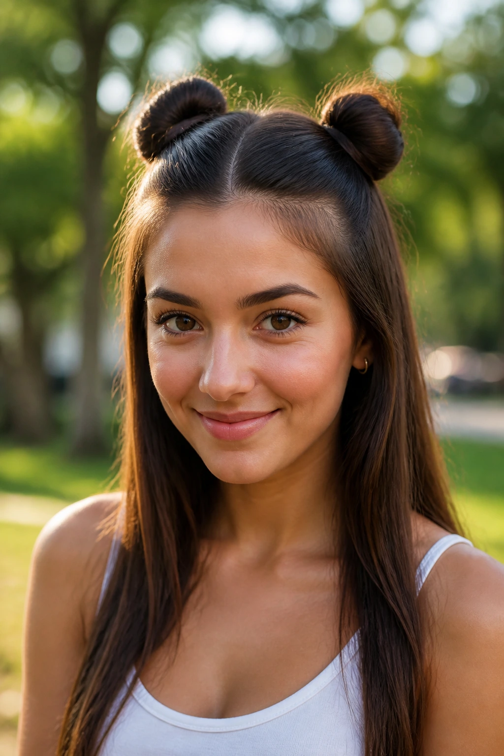 Close-up of a woman with two small high pigtail buns.